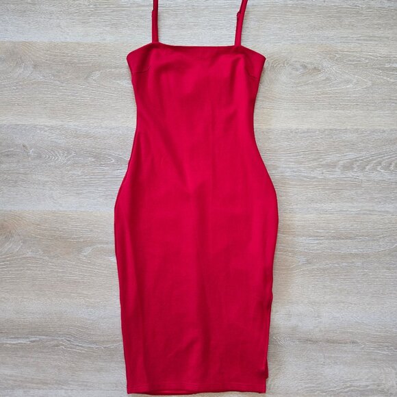 Lulus Paulina Square Neck Red Bodycon Midi Cocktail Sheath Dress Small NWOT - Picture 1 of 17